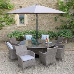 LG Outdoor Monaco Sand 8 Seat Dining Set With Weave Lazy Susan And Parasol